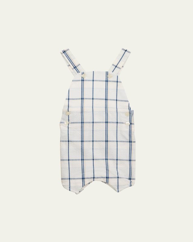 Boy's Plaid Seersucker Linen Overalls, Size Newborn-4